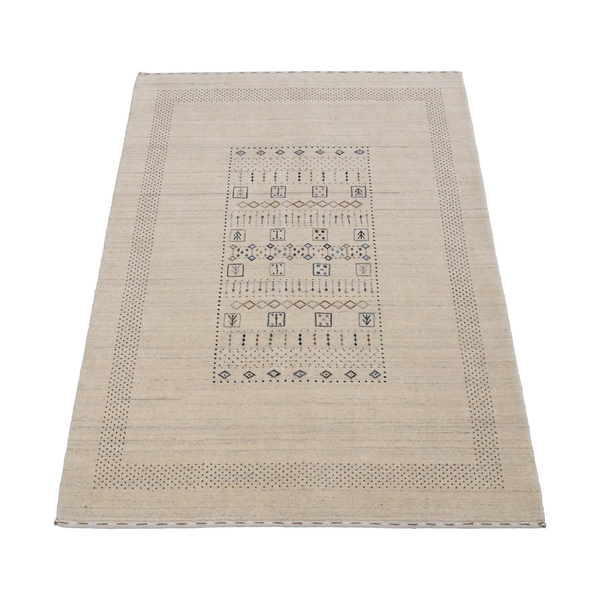 Beige Center Pattern Design Hand Loomed Wool Area Rug.