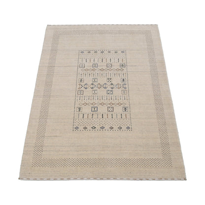 Beige Center Pattern Design Hand Loomed Wool Area Rug.