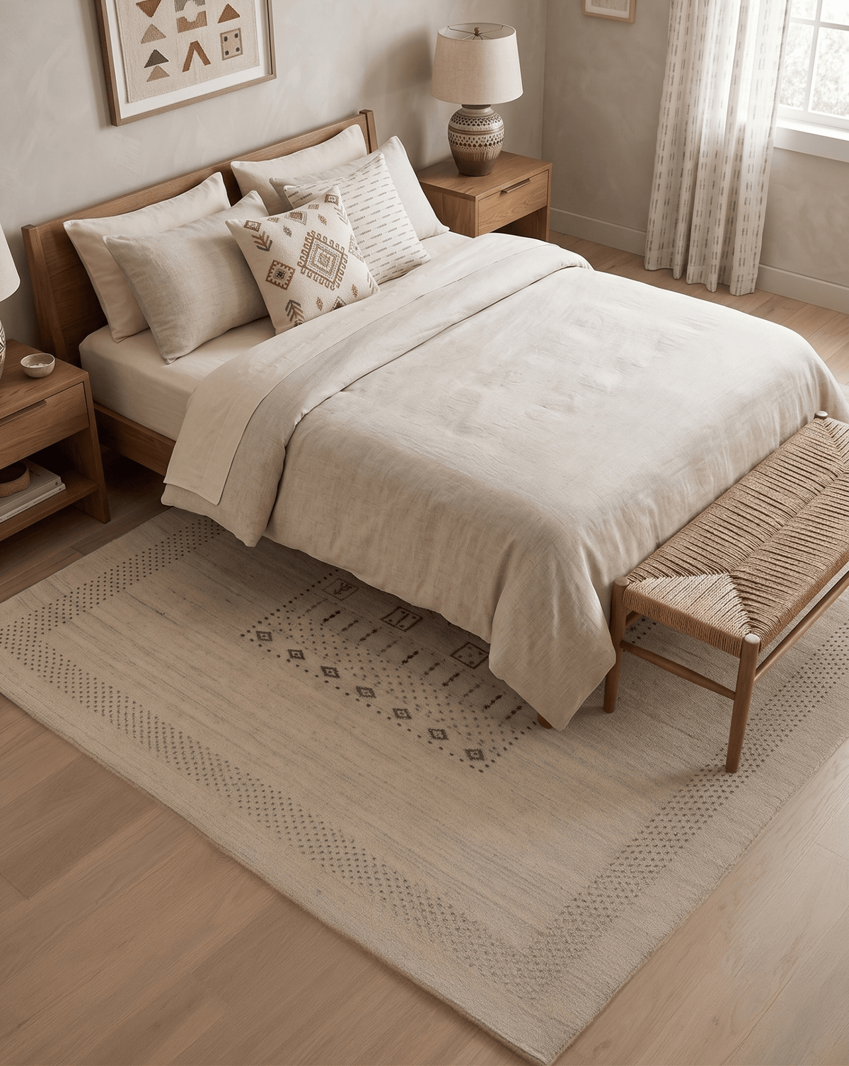 Beige Center Pattern Design Hand Loomed Wool Area Rug.