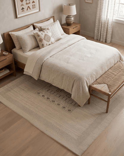 Beige Center Pattern Design Hand Loomed Wool Area Rug.