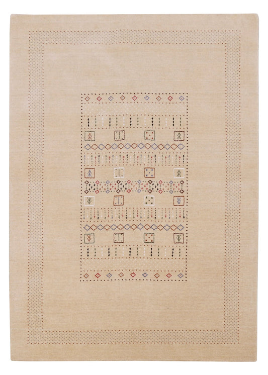 Beige Center Pattern Hand Loomed Wool Area Rug.