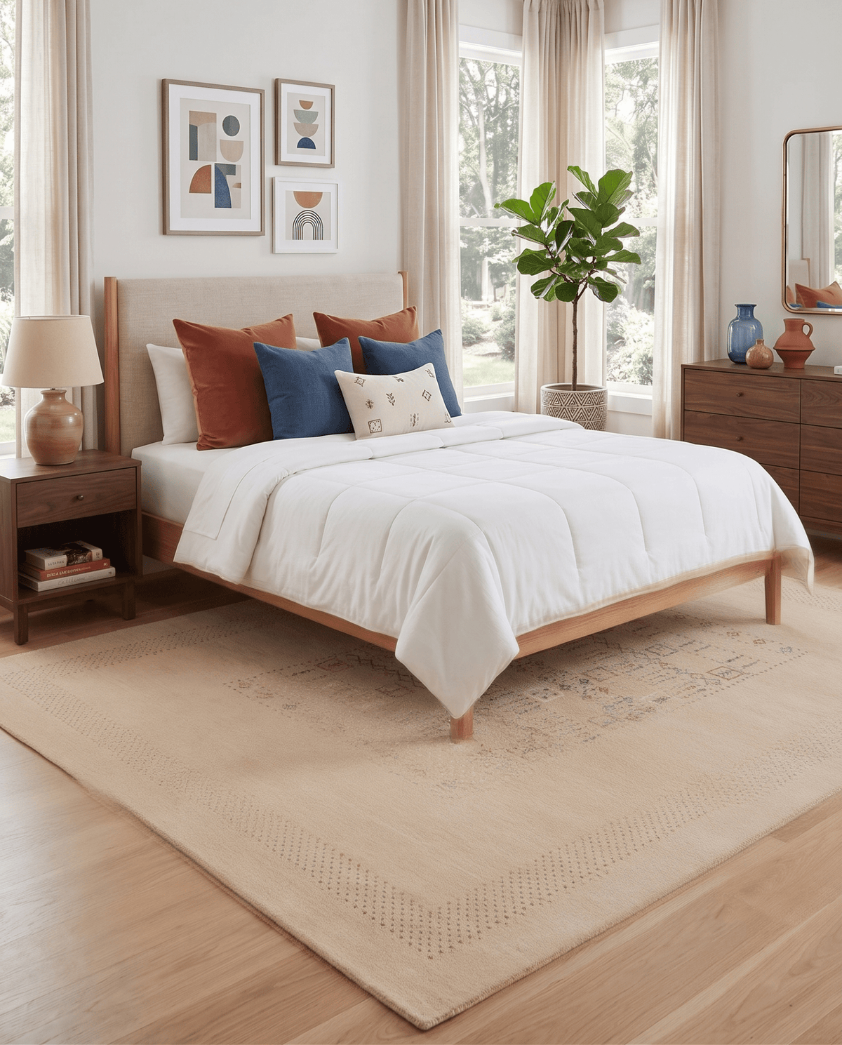 Beige Center Pattern Hand Loomed Wool Area Rug.