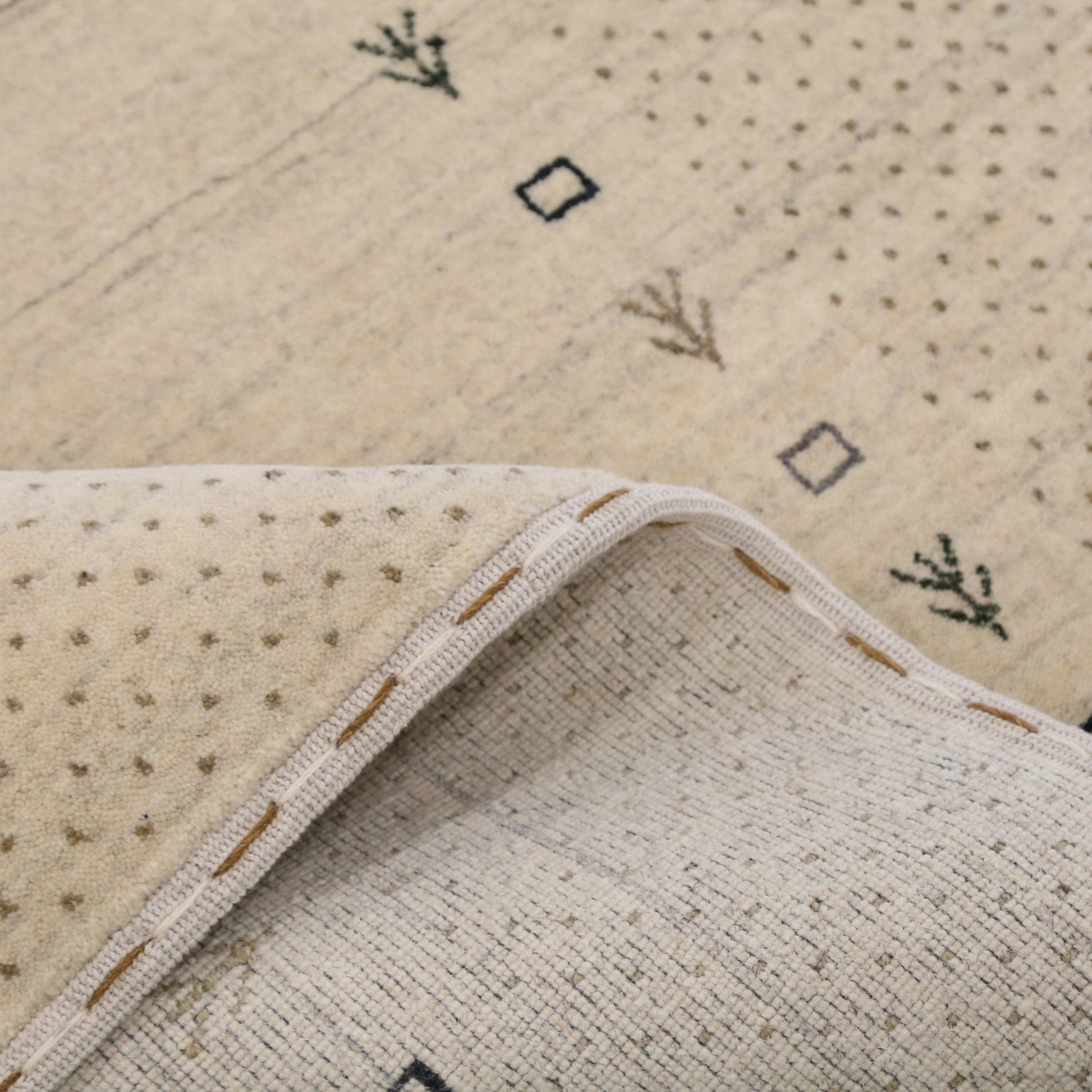 Beige Contemporary Gabbeh Border Design Hand Loomed Wool Rug.