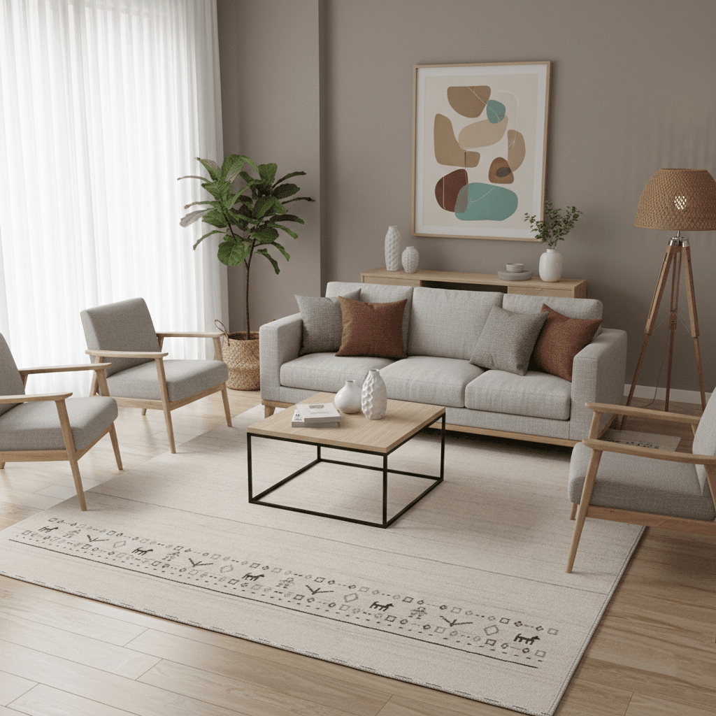 Beige Contemporary Pattern Hand Loomed Wool Area Rug.