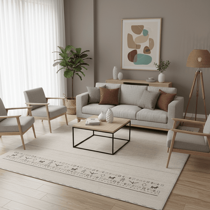 Beige Contemporary Pattern Hand Loomed Wool Area Rug.