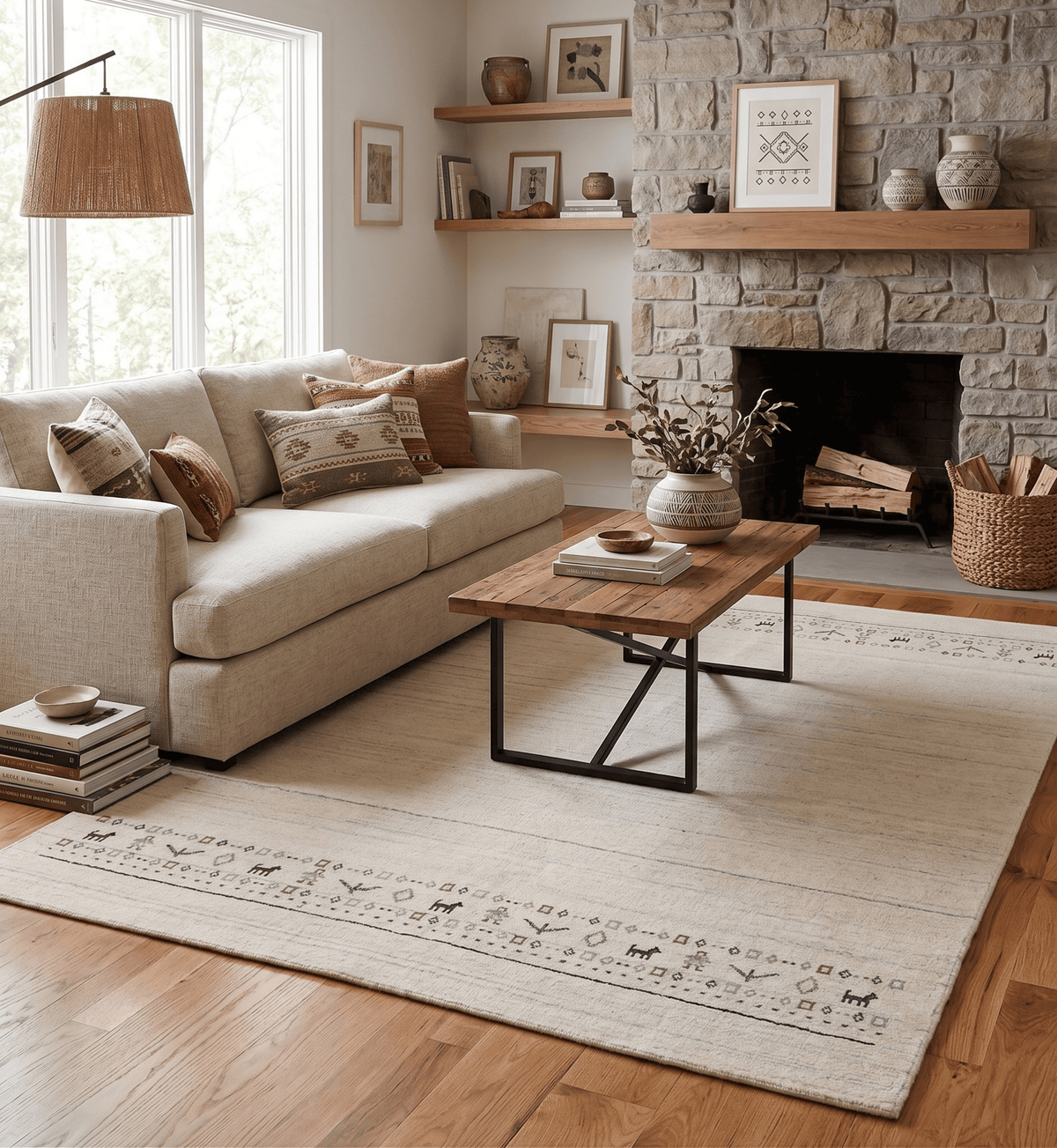 Beige Contemporary Pattern Hand Loomed Wool Area Rug.