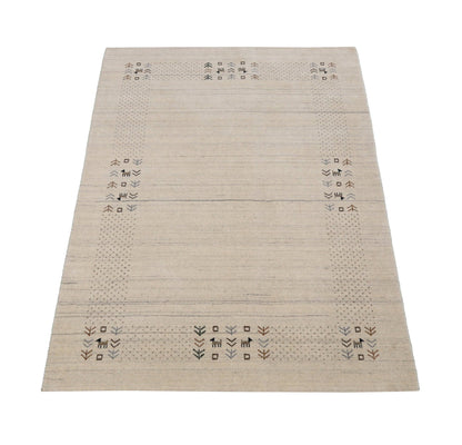 Beige Contemporary Solid Border Design Hand Loomed Wool Area Rug.