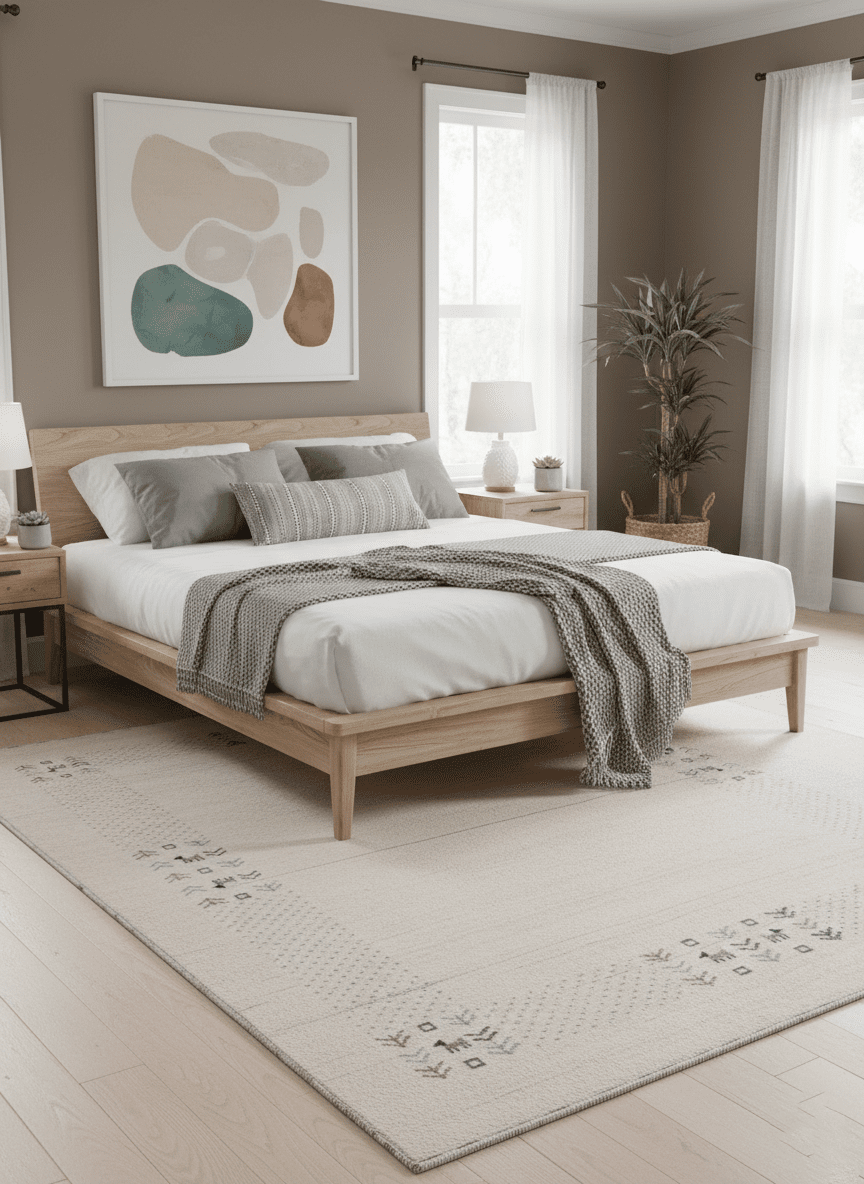 Beige Contemporary Solid Border Design Hand Loomed Wool Area Rug.