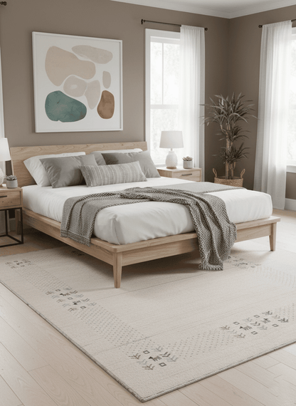 Beige Contemporary Solid Border Design Hand Loomed Wool Area Rug.