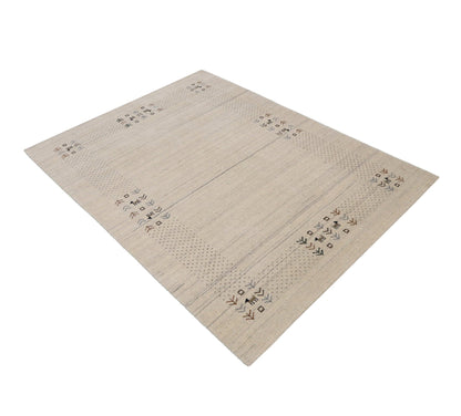 Beige Contemporary Solid Border Design Hand Loomed Wool Area Rug.