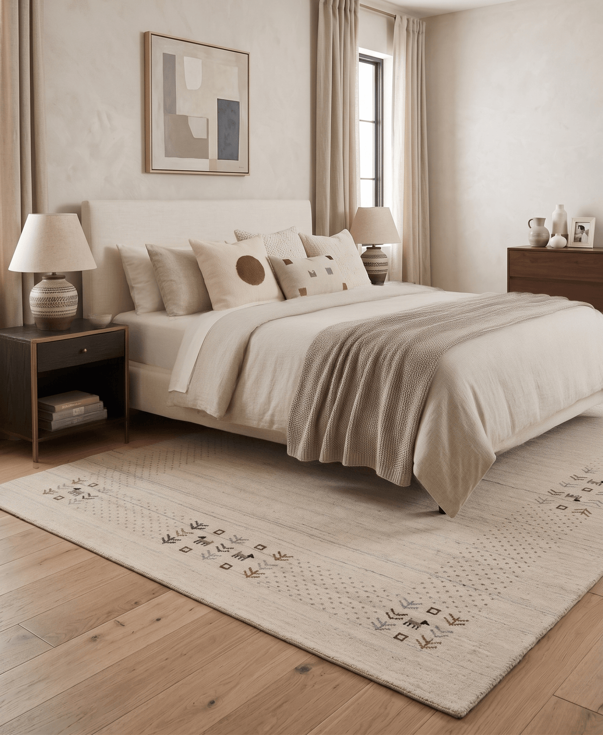 Beige Contemporary Solid Border Design Hand Loomed Wool Area Rug.