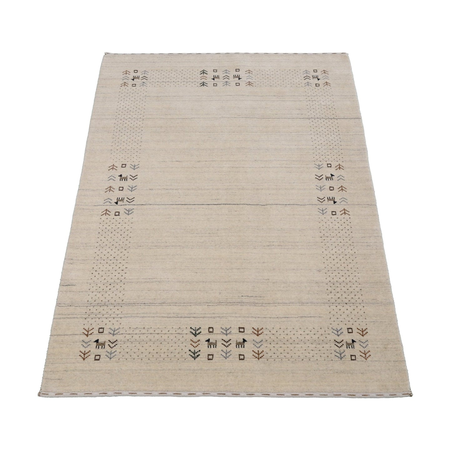 Beige Contemporary Solid Border Design Hand Loomed Wool Area Rug.