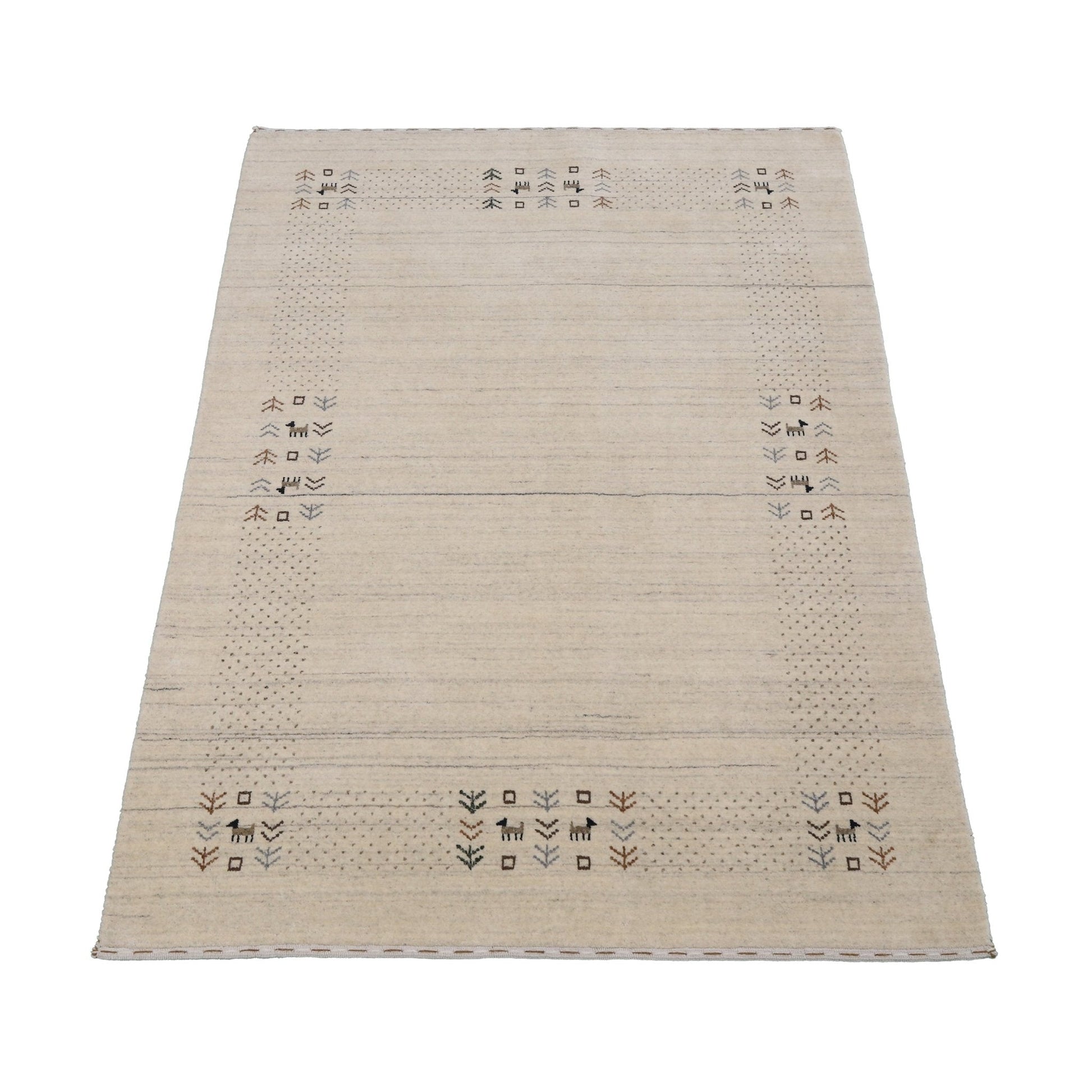 Beige Contemporary Solid Border Design Hand Loomed Wool Area Rug.