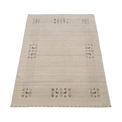 Beige Contemporary Solid Border Design Hand Loomed Wool Area Rug.