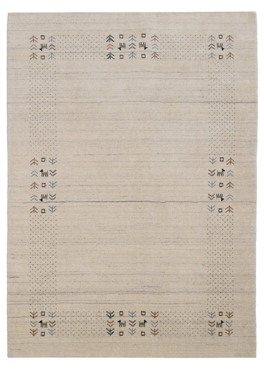 Beige Contemporary Solid Border Design Hand Loomed Wool Area Rug.