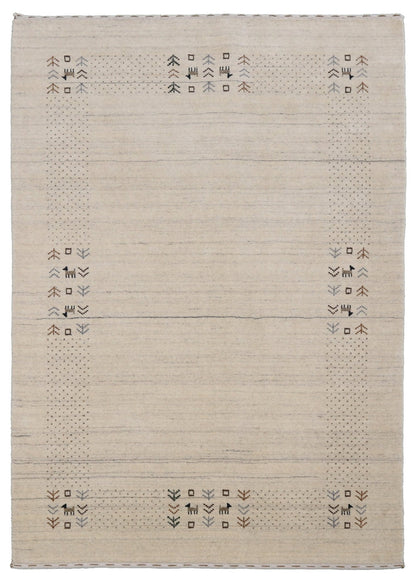 Beige Contemporary Solid Border Design Hand Loomed Wool Area Rug.