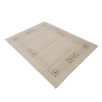 Beige Contemporary Solid Border Design Hand Loomed Wool Area Rug.