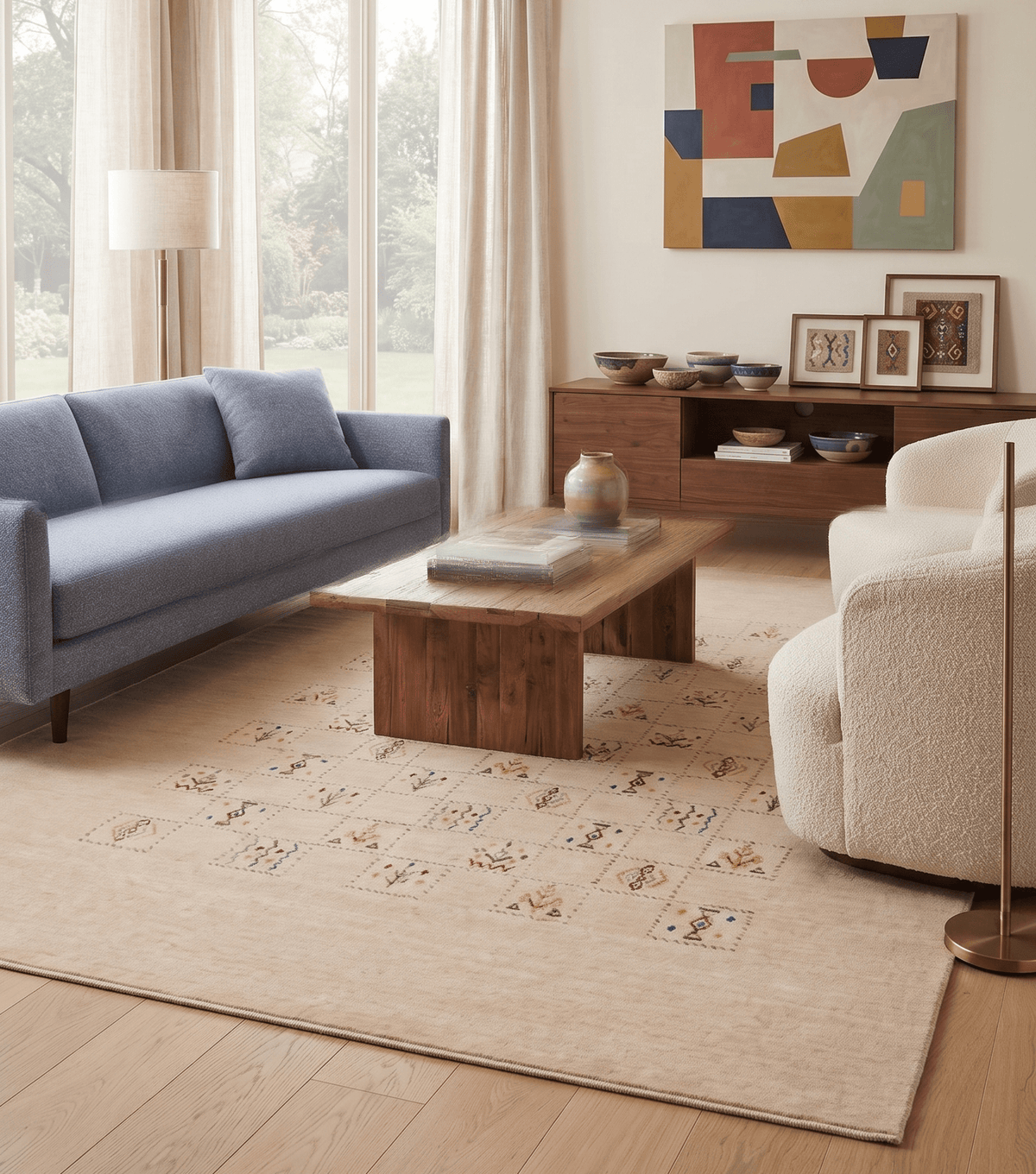 Beige Contemporary Tribal Design Hand Loomed Wool Rug.