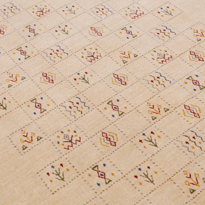 Beige Contemporary Tribal Design Hand Loomed Wool Rug.