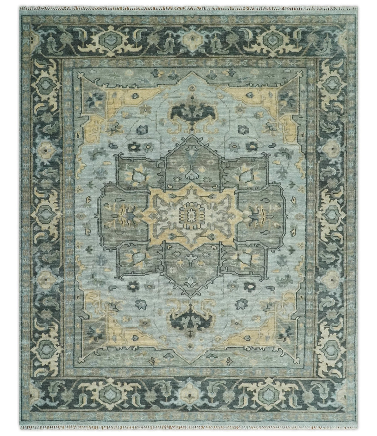 Custom made Beige, Gray and Charcoal Hand Knotted  Traditional Heriz Wool Rug.