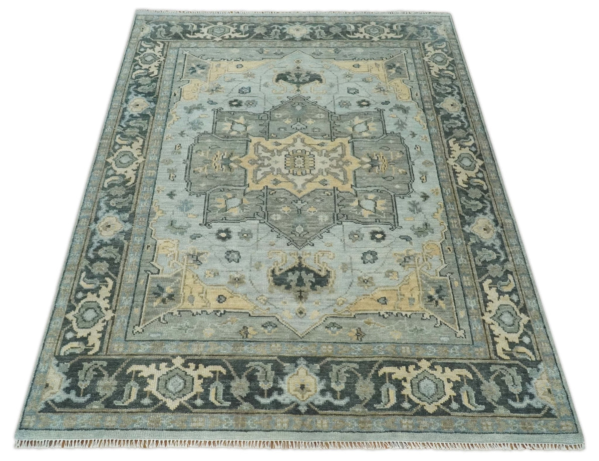 Custom made Beige, Gray and Charcoal Hand Knotted  Traditional Heriz Wool Rug.