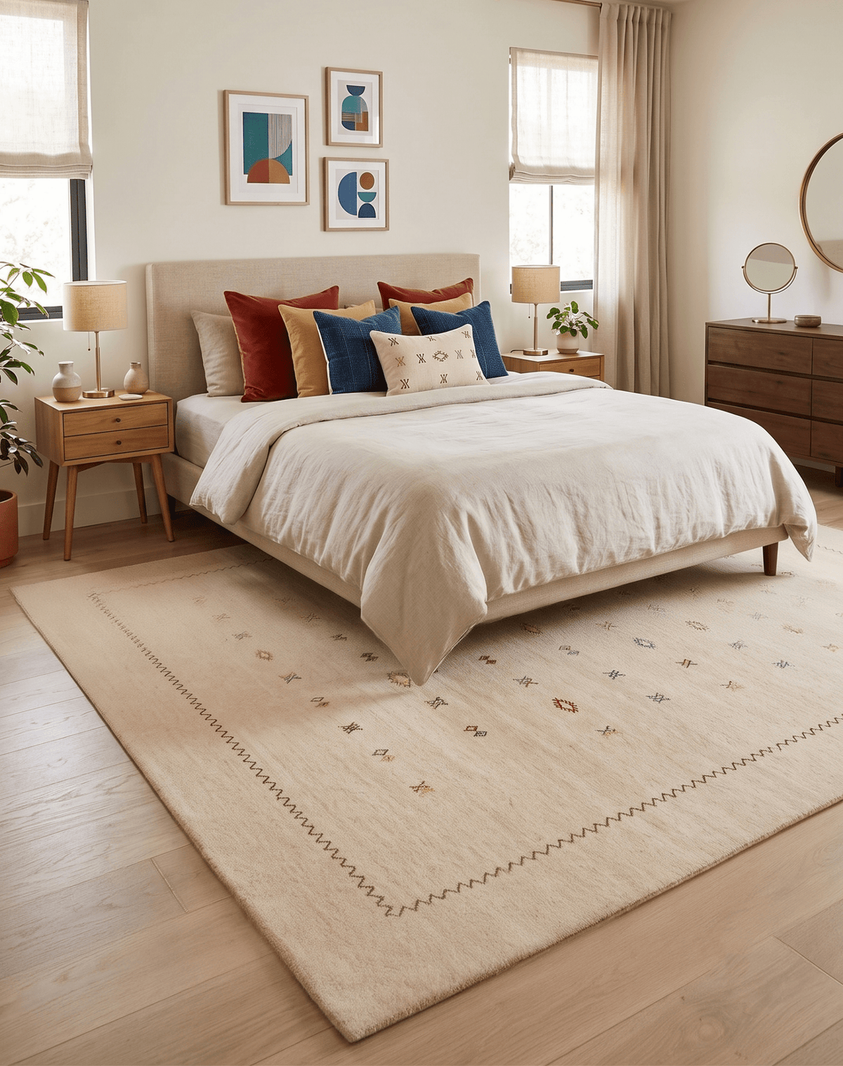 Beige Modern Design Hand Loomed Wool Area Rug.