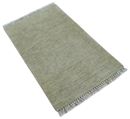 Beige Modern Solid Design Hand Knotted Wool Area Rug.