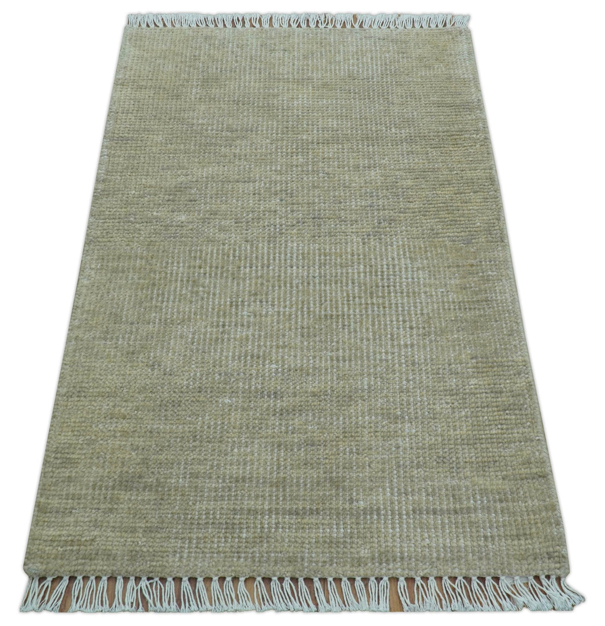 Beige Modern Solid Design Hand Knotted Wool Area Rug.