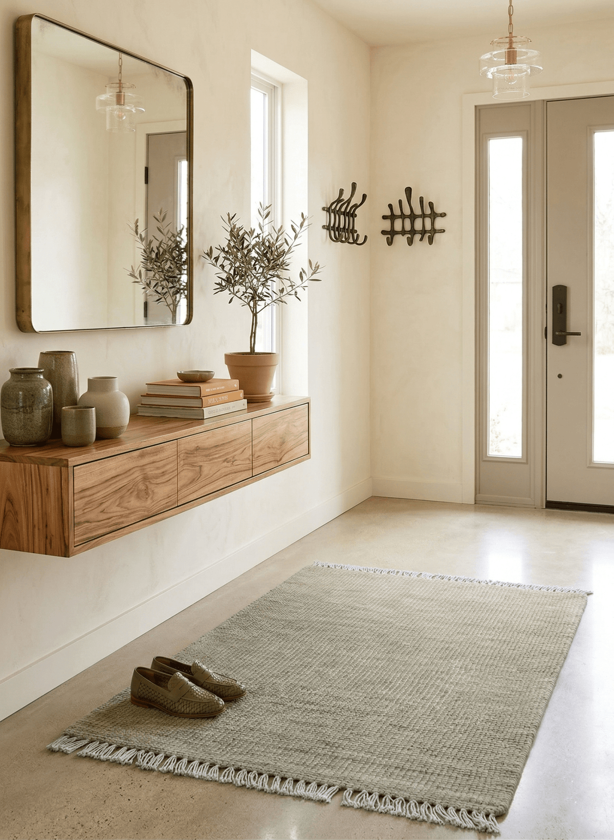 Beige Modern Solid Design Hand Knotted Wool Area Rug.