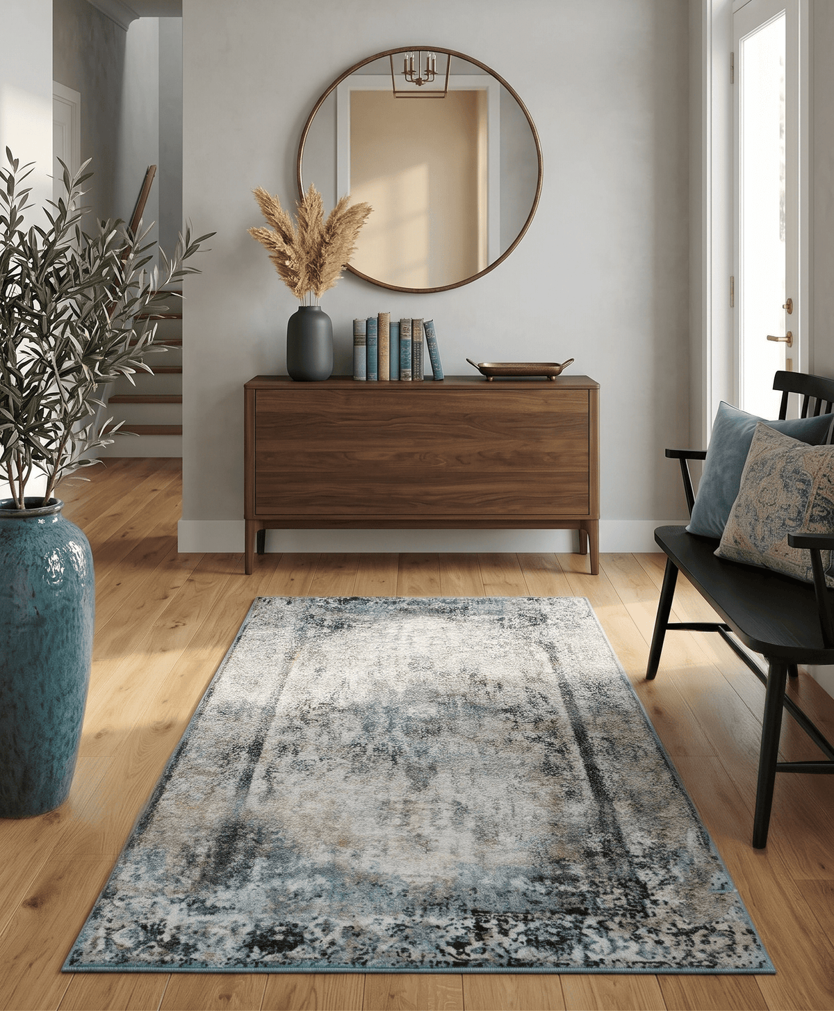 Beige, Olive and Gray and Black Antique Finish Vintage Art Silk Area Rug.