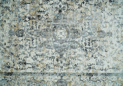 Beige, Olive and Gray and Black Antique Finish Vintage Art Silk Area Rug.