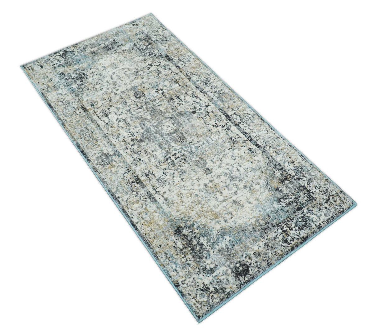 Beige, Olive and Gray and Black Antique Finish Vintage Art Silk Area Rug.