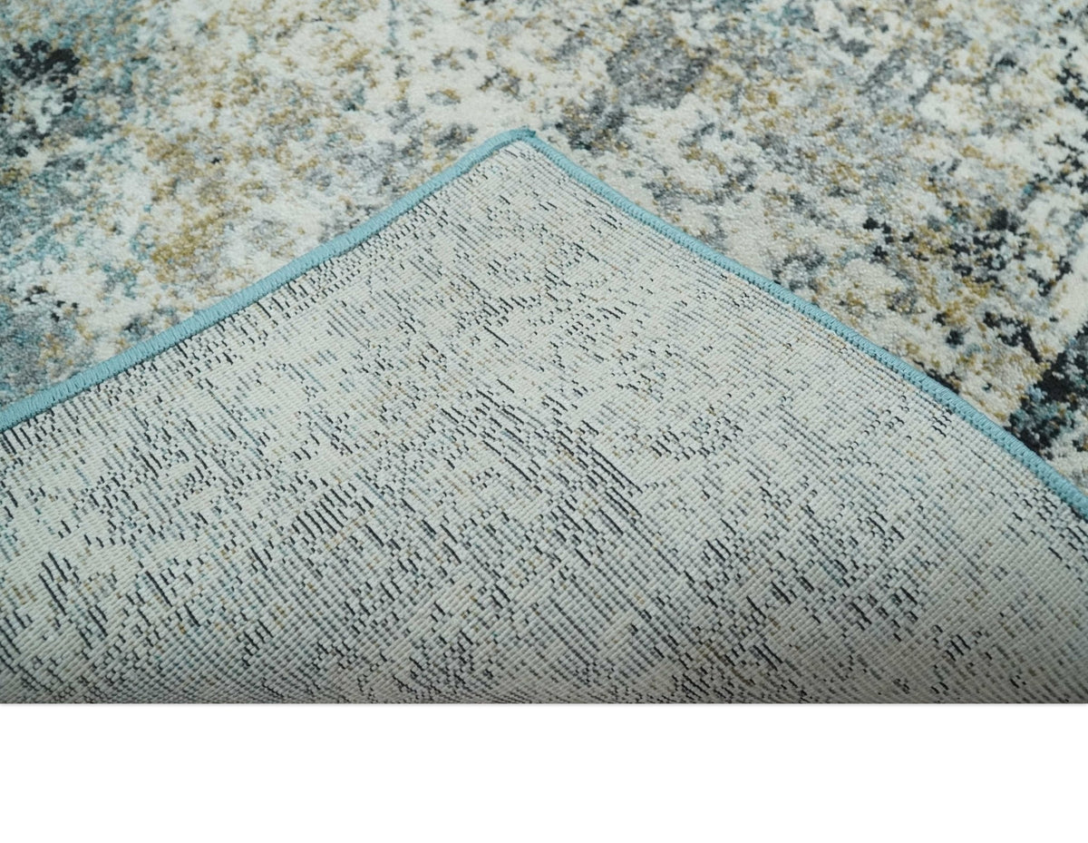 Beige, Olive and Gray and Black Antique Finish Vintage Art Silk Area Rug.