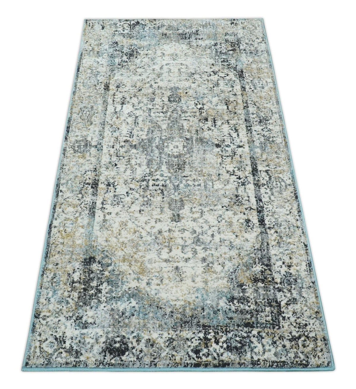 Beige, Olive and Gray and Black Antique Finish Vintage Art Silk Area Rug.