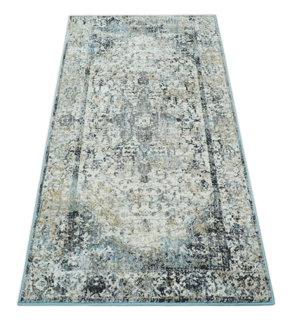 Beige, Olive and Gray and Black Antique Finish Vintage Art Silk Area Rug.