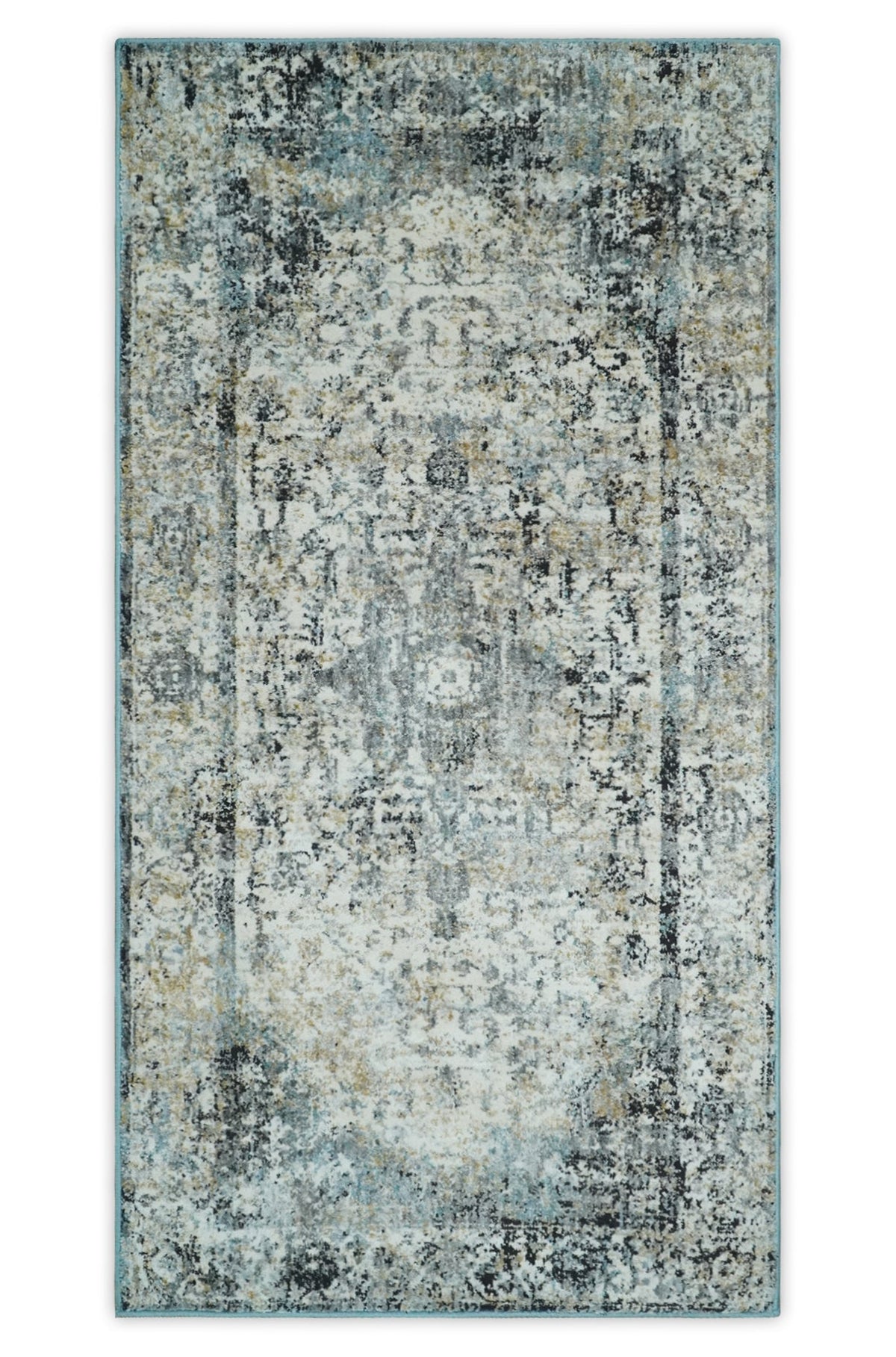 Beige, Olive and Gray and Black Antique Finish Vintage Art Silk Area Rug.