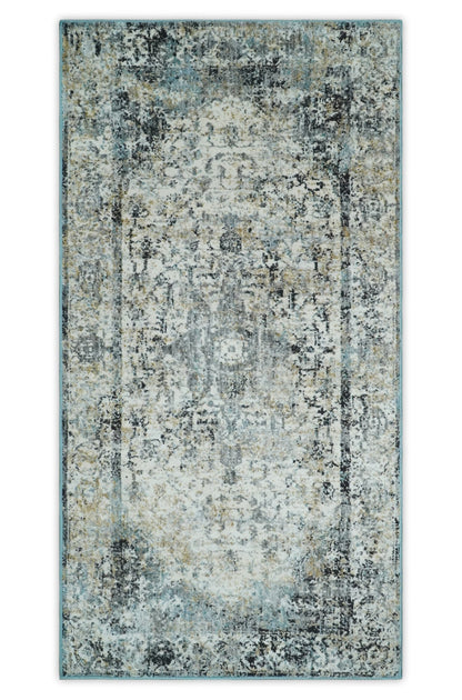 Beige, Olive and Gray and Black Antique Finish Vintage Art Silk Area Rug.