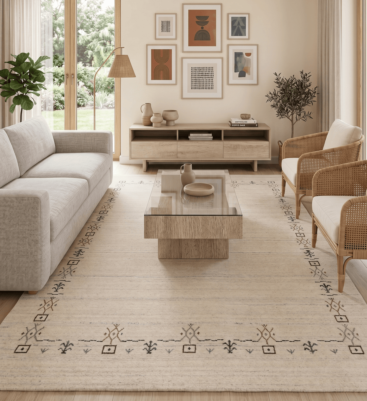 Beige Tribal Border Hand Loomed Wool Area Rug.