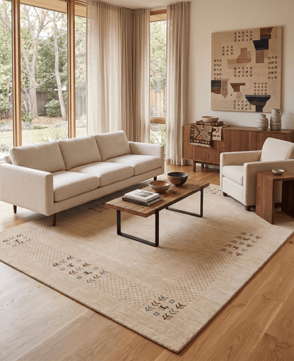 Beige Tribal Center Medallion Hand Loomed Wool Area Rug.