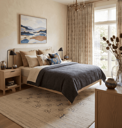 Beige Tribal Design Hand Loomed Wool Area Rug.