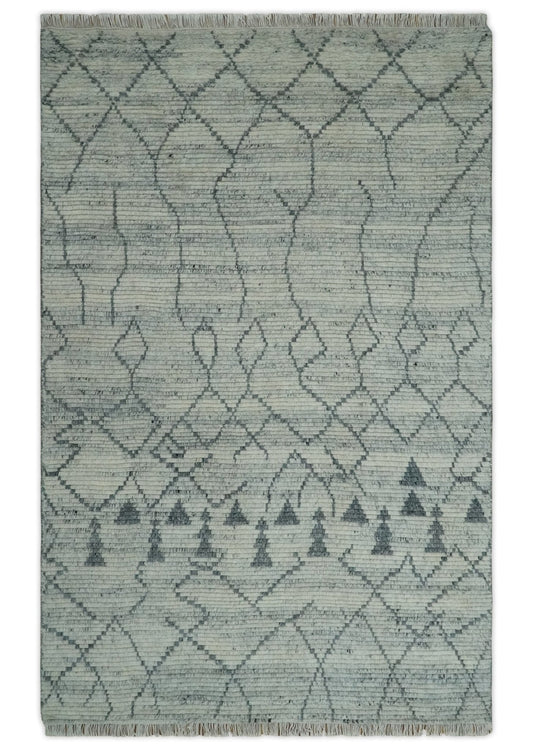 Custom Made Hand Knotted Beige And Gray Moroccan Trellis Blended Wool Rug.