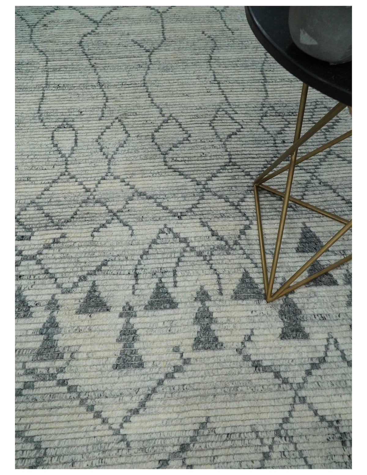 Custom Made Hand Knotted Beige And Gray Moroccan Trellis Blended Wool Rug.
