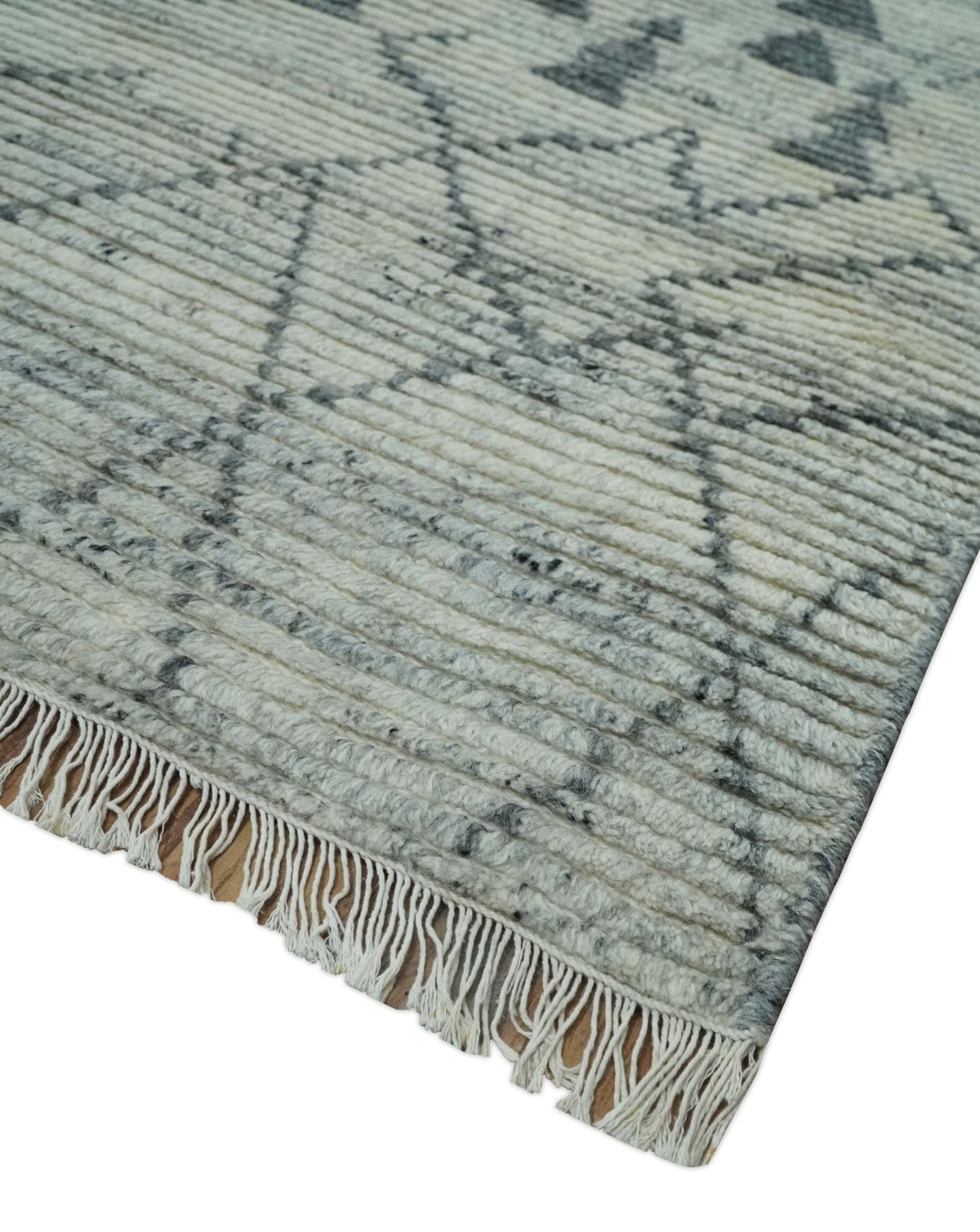 Custom Made Hand Knotted Beige And Gray Moroccan Trellis Blended Wool Rug.