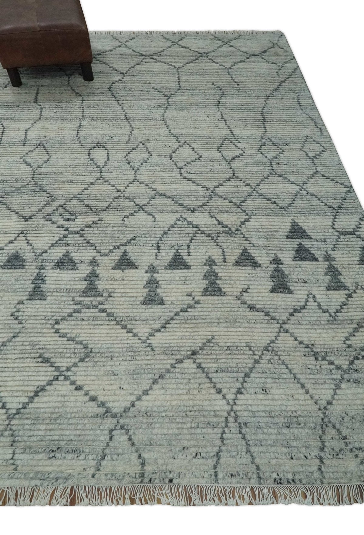 Custom Made Hand Knotted Beige And Gray Moroccan Trellis Blended Wool Rug.