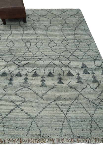 Custom Made Hand Knotted Beige And Gray Moroccan Trellis Blended Wool Rug.