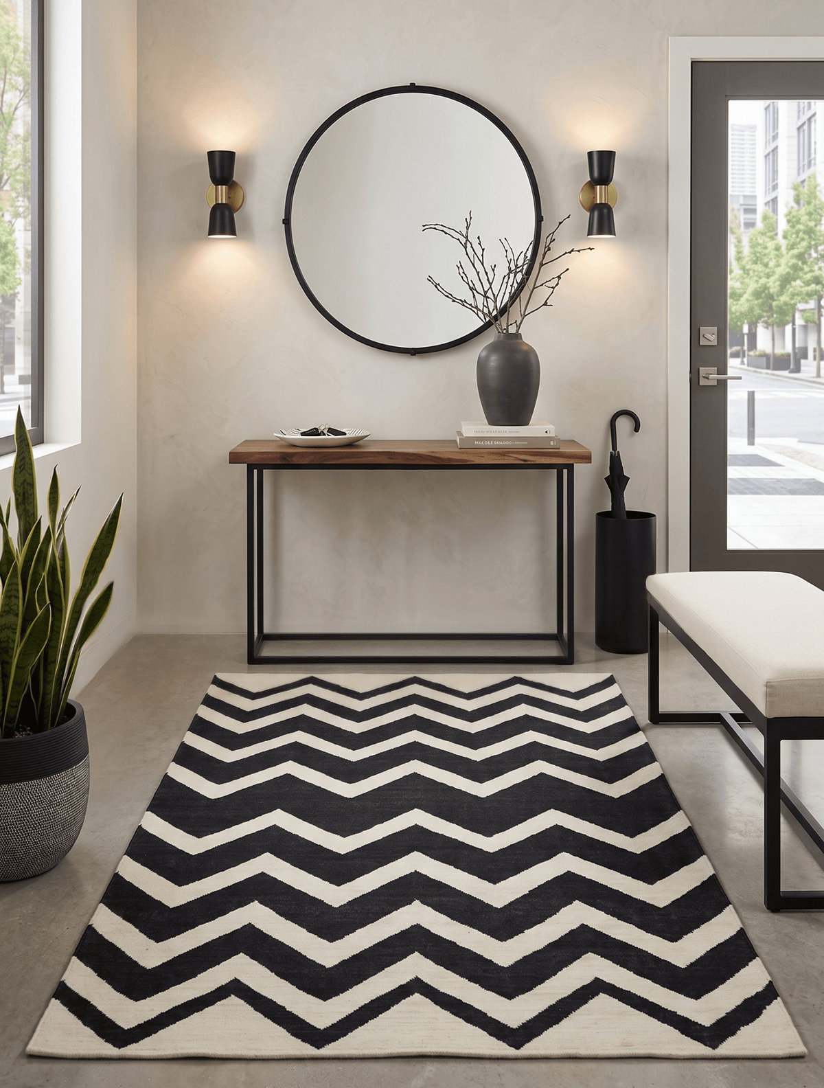 Black and Beige Chevron Design Hand Woven Dhurrie Rug.
