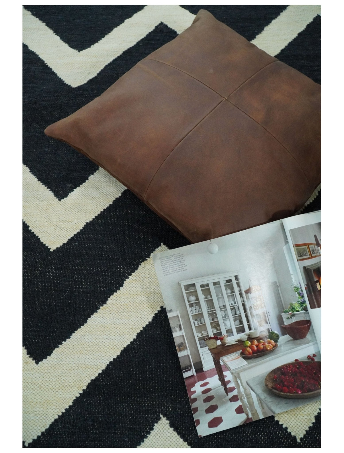 Black and Beige Chevron Design Hand Woven Dhurrie Rug.