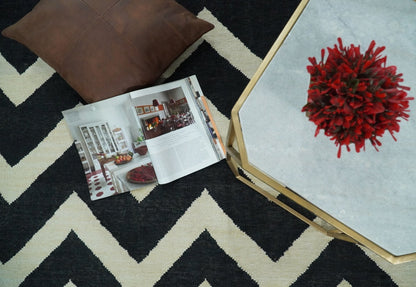Black and Beige Chevron Design Hand Woven Dhurrie Rug.