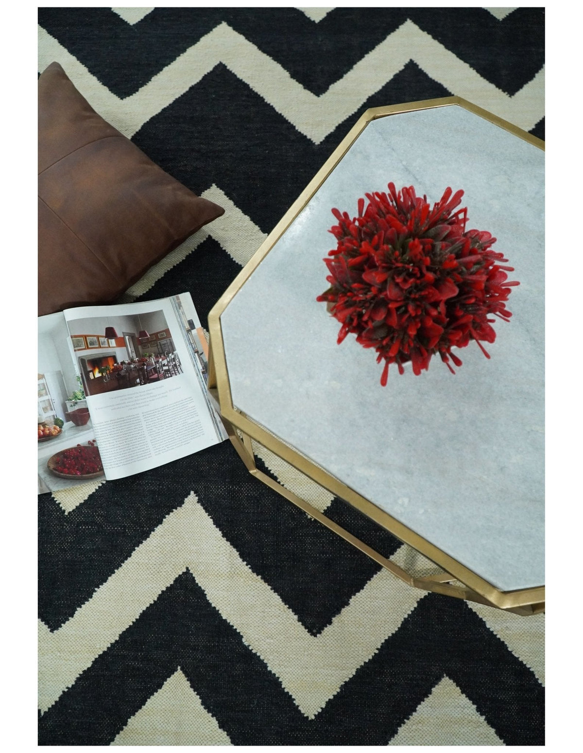 Black and Beige Chevron Design Hand Woven Dhurrie Rug.