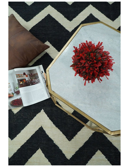 Black and Beige Chevron Design Hand Woven Dhurrie Rug.